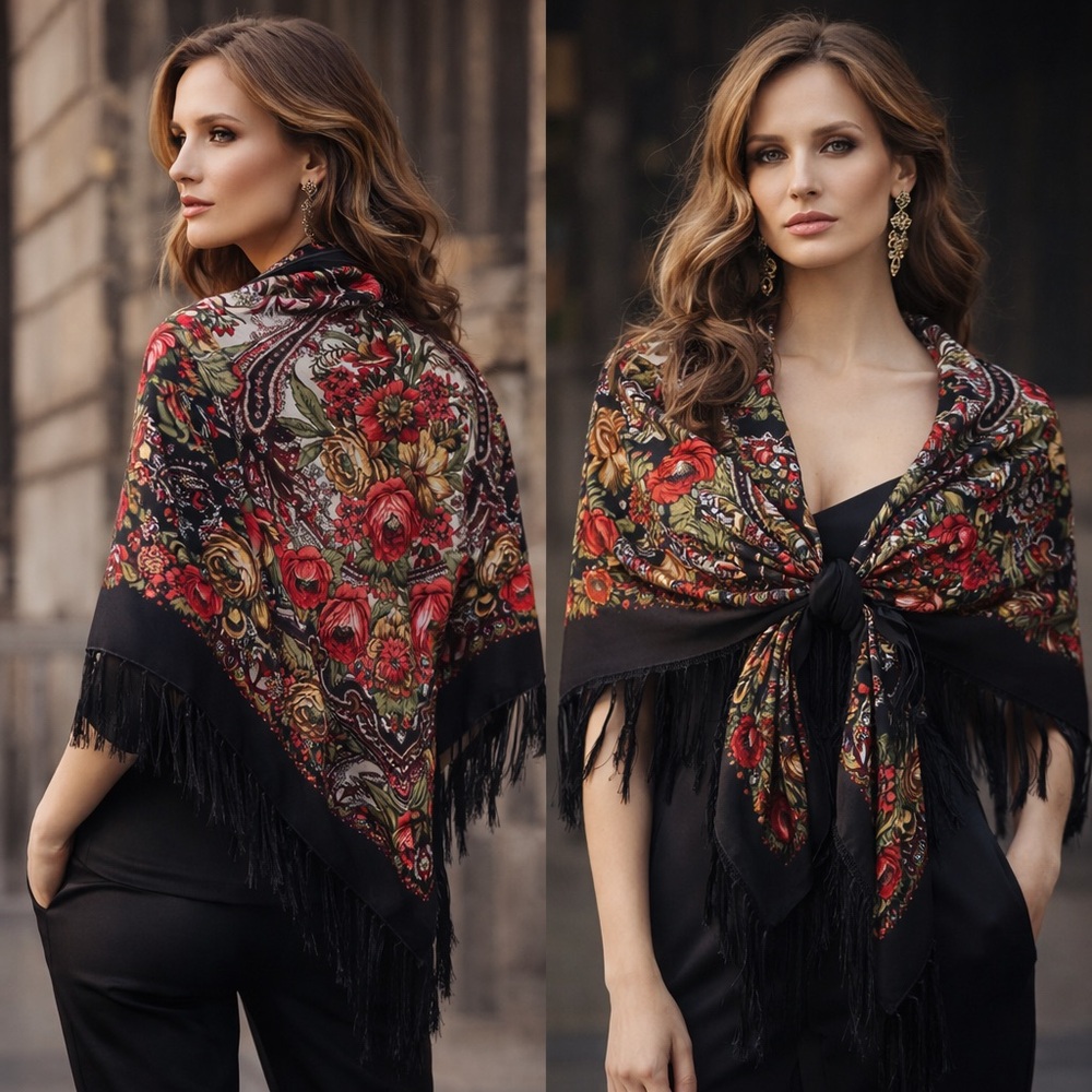 NWT Russian Floral Wool Shawl | Black Fringe Wrap Red Rose Paisley